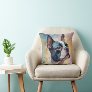 Boston Terrier Digital Watercolor Portrait Dog 173 Throw Pillow