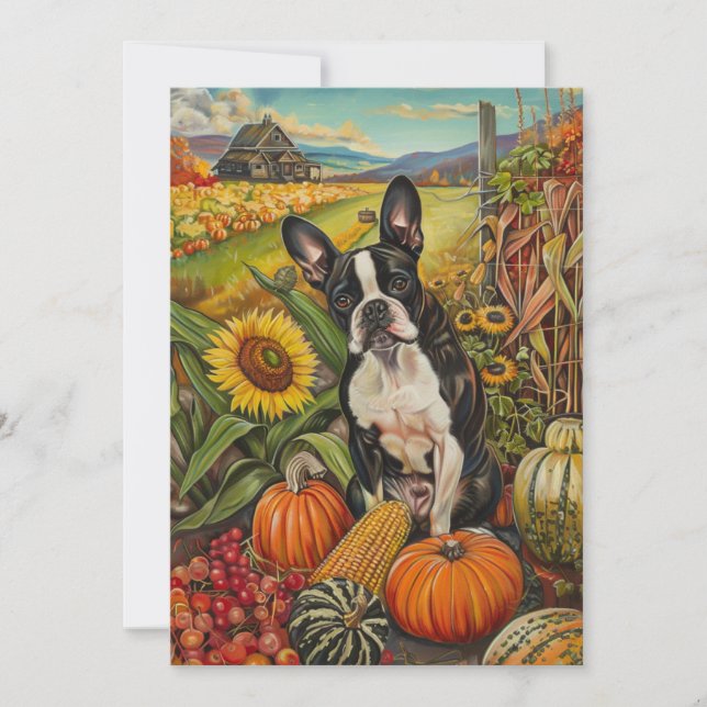Boston Terrier Dog Autumn Harvest Thanksgiving Holiday Card (Front)
