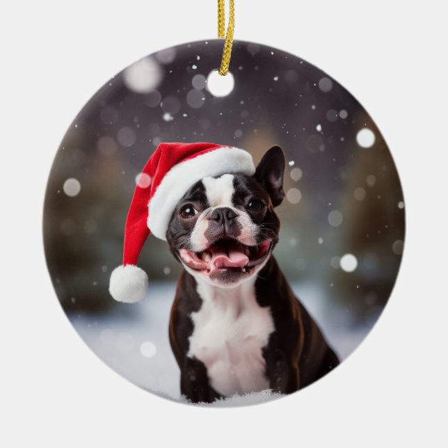 Boston Terrier Dog Christmas Keepsake Ceramic Ornament (Front)