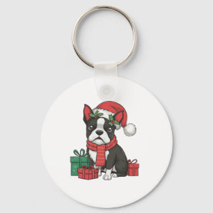 Boston Terrier Dog Christmas Parties Holiday Santa Keychain