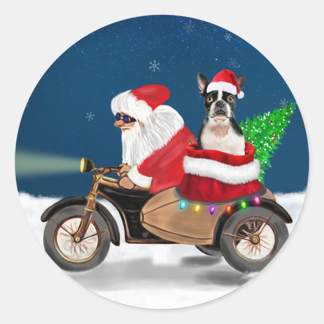 Boston Terrier Dog Christmas Santa Claus   Classic Round Sticker (Front)