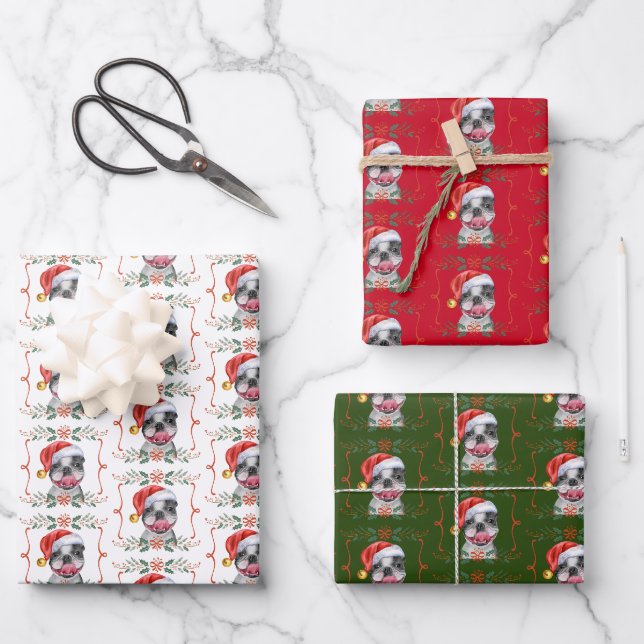Boston Terrier Dog Christmas Wrapping Paper Sheets (Front)