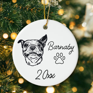 Boston Terrier Dog Custom Name & Year Line Art Ceramic Ornament