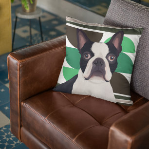 Boston Terrier Dog – Dark Green Geometric Throw Pillow