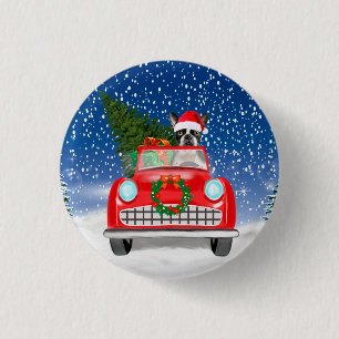 Boston terrier Dog Driving Car In Snow Christmas  1 Inch Round Button