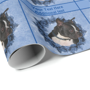 Boston Terrier Dog Floral Wreath Personalized Wrapping Paper