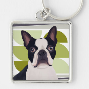 Boston Terrier Dog – Green Geometric Keychain