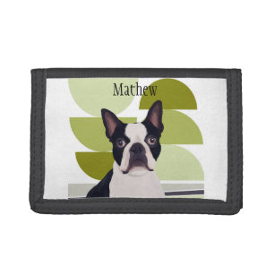 Boston Terrier Dog – Green Geometric Trifold Wallet