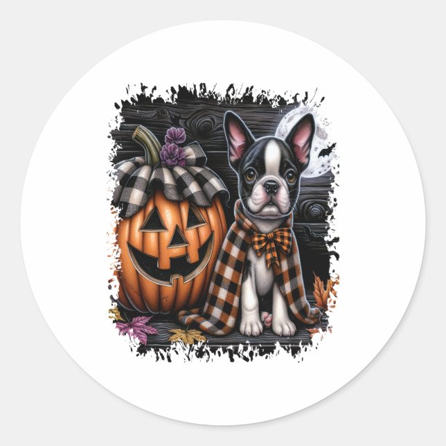Boston Terrier Dog Halloween Classic Round Sticker (Front)