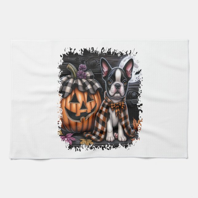 Boston Terrier Dog Halloween Kitchen Towel (Horizontal)