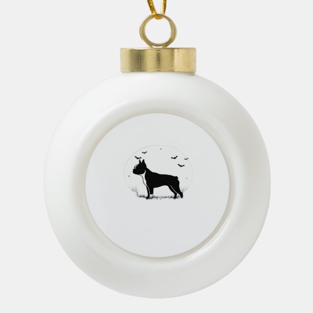 Boston Terrier Dog – Halloween Moon Silhouette Ove Ceramic Ball Christmas Ornament (Front)