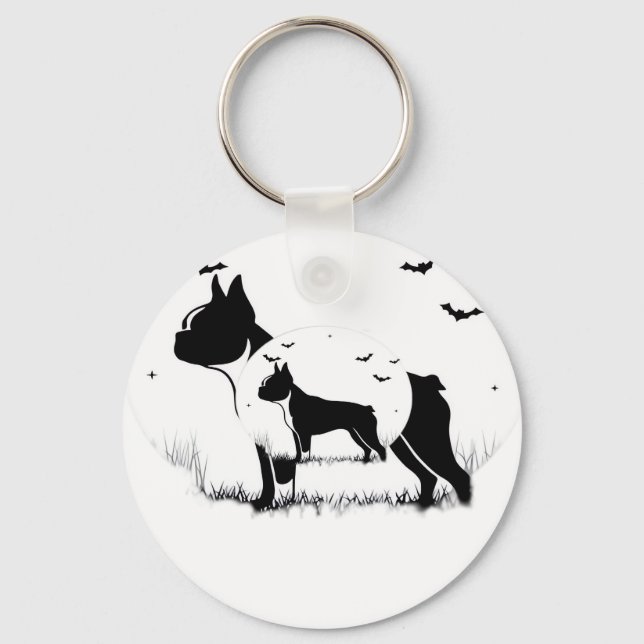Boston Terrier Dog � Halloween Moon Silhouette Ove Keychain (Front)
