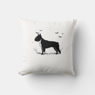 Boston Terrier Dog � Halloween Moon Silhouette Ove Throw Pillow