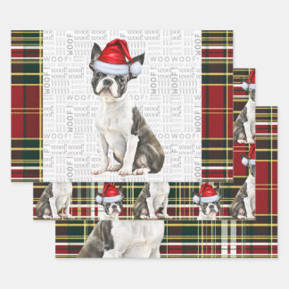 Boston Terrier Dog Holiday Plaid Christmas Wrapping Paper Sheet