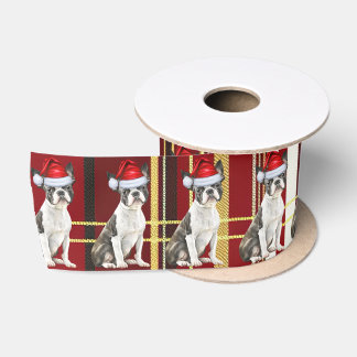 Boston Terrier Dog Holiday Plaid Funny Christmas Satin Ribbon