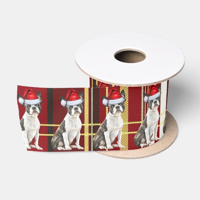 Boston Terrier Dog Holiday Plaid Funny Christmas Satin Ribbon (Spool)