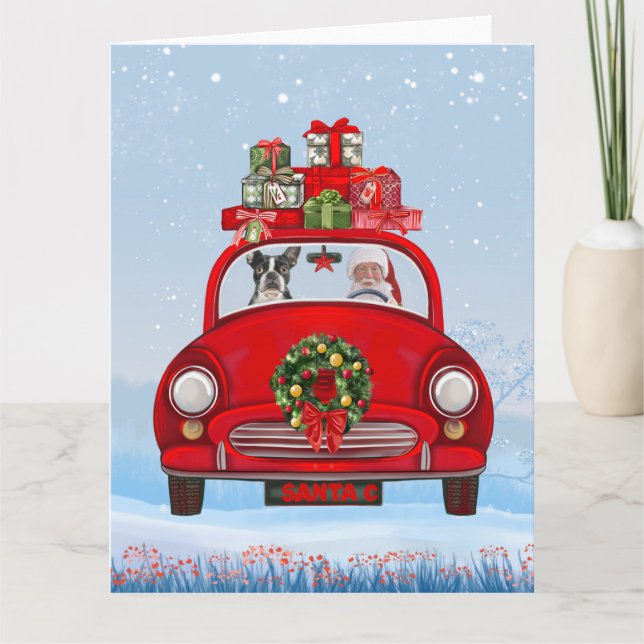 Boston Terrier Dog In Car With Santa Claus  Card (Front)