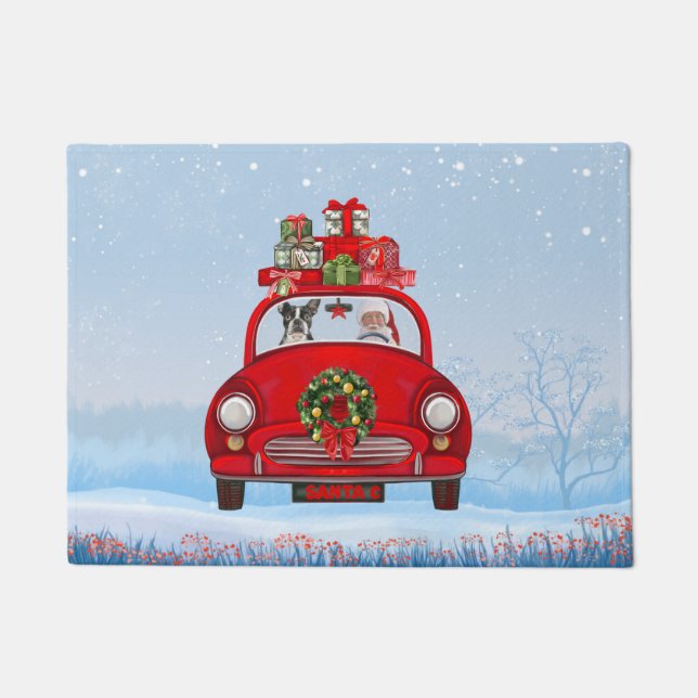 Boston Terrier Dog In Car With Santa Claus   Doormat (Front)
