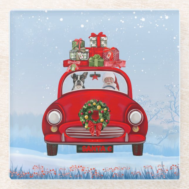 Boston Terrier Dog In Car With Santa Claus  Glass Coaster (Front)