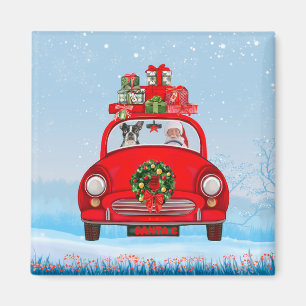 Boston Terrier Dog In Car With Santa Claus Magnet