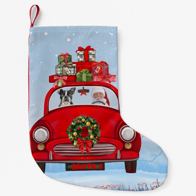 Boston Terrier Dog In Car With Santa Claus  Small Christmas Stocking (Front)