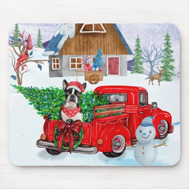 Boston Terrier dog In Christmas Delivery Truck Mouse Pad (Front)