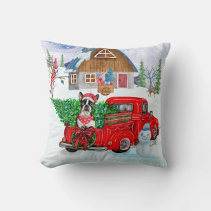 Boston Terrier dog In Christmas Delivery Truck  Throw Pillow