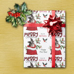 Boston Terrier Dog in Christmas Gift Bag Wrapping Paper<br><div class="desc">The repeated pattern on this cute Christmas wrapping paper is an image of an adorable black and white Boston Terrier dog peeking out from a red and white Holiday gift bag. Behind him is a sprig of holly and red berries. A red and black bullfinch bird is about to land....</div>