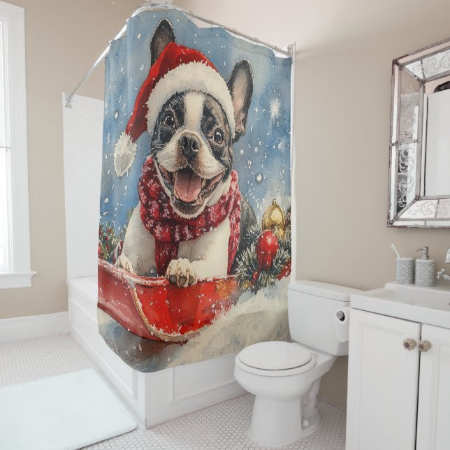 Boston Terrier Dog in Sledge Let it Snow Christmas (In Situ)
