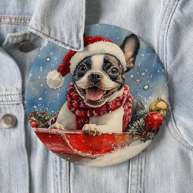 Boston Terrier Dog in Sledge Let it Snow Christmas 6 Inch Round Button (In Situ)