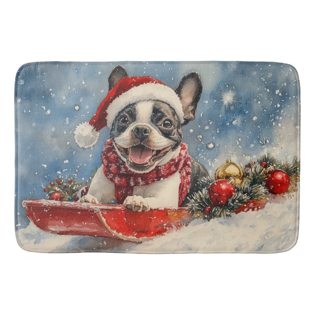 Boston Terrier Dog in Sledge Let it Snow Christmas Bath Mat (Front)
