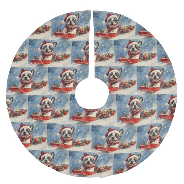 Boston Terrier Dog in Sledge Let it Snow Christmas Brushed Polyester Tree Skirt (Front)