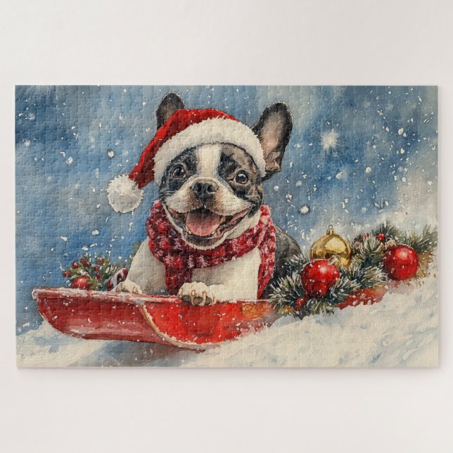Boston Terrier Dog in Sledge Let it Snow Christmas Jigsaw Puzzle (Horizontal)