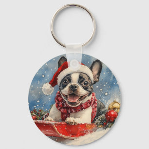Boston Terrier Dog in Sledge Let it Snow Christmas Keychain