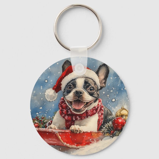 Boston Terrier Dog in Sledge Let it Snow Christmas Keychain (Front)