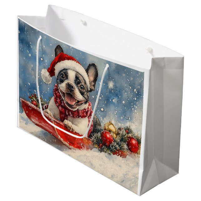 Boston Terrier Dog in Sledge Let it Snow Christmas Large Gift Bag (Front Angled)