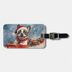 Boston Terrier Dog in Sledge Let it Snow Christmas Luggage Tag