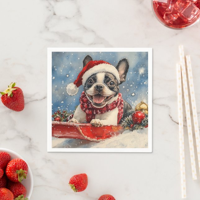 Boston Terrier Dog in Sledge Let it Snow Christmas Napkin (Insitu)