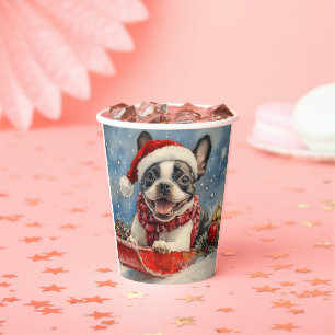 Boston Terrier Dog in Sledge Let it Snow Christmas Paper Cups