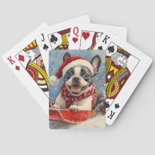 Boston Terrier Dog in Sledge Let it Snow Christmas Playing Cards