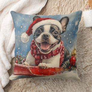 Boston Terrier Dog in Sledge Let it Snow Christmas Throw Pillow