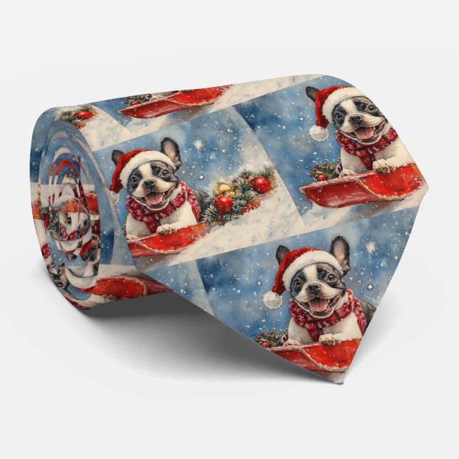 Boston Terrier Dog in Sledge Let it Snow Christmas Tie (Rolled)