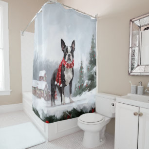 Boston Terrier Dog in Snow Christmas