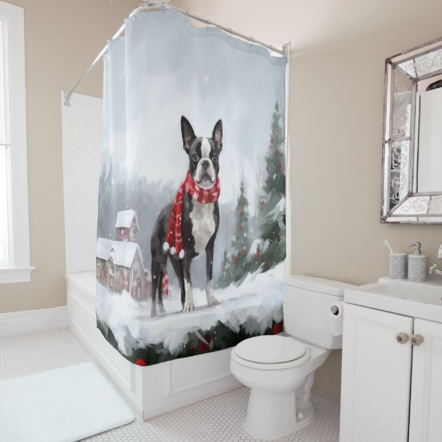 Boston Terrier Dog in Snow Christmas  (In Situ)