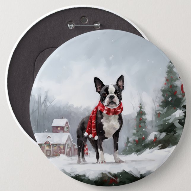 Boston Terrier Dog in Snow Christmas  6 Inch Round Button (Front & Back)