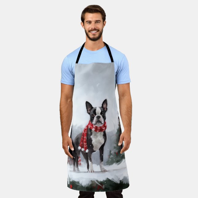 Boston Terrier Dog in Snow Christmas  Apron (Worn)
