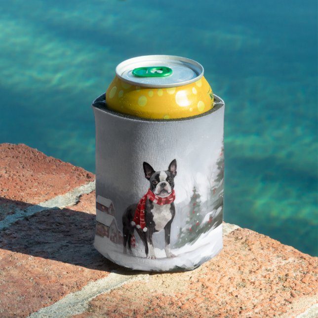 Boston Terrier Dog in Snow Christmas  Can Cooler (In Situ Pool)