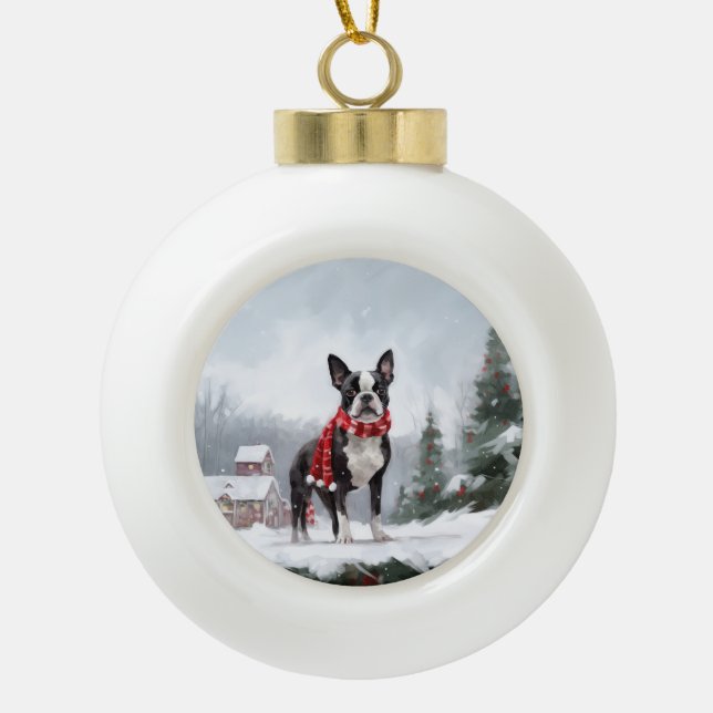 Boston Terrier Dog in Snow Christmas  Ceramic Ball Christmas Ornament (Front)