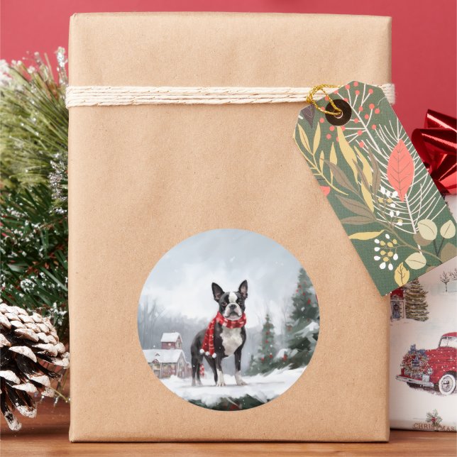Boston Terrier Dog in Snow Christmas  Classic Round Sticker (Holiday)