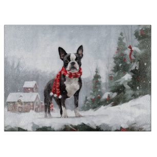 Boston Terrier Dog in Snow Christmas  Cutting Board